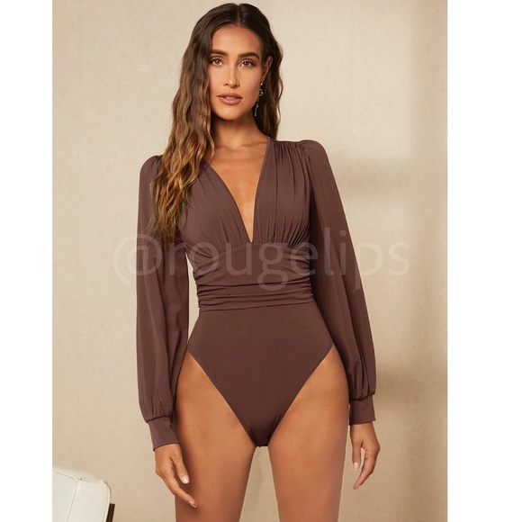 Brown Elegant V neck Bodysuit Long Bishop Sleeves Stretchy Ruched Waist - Picture 5 of 8
